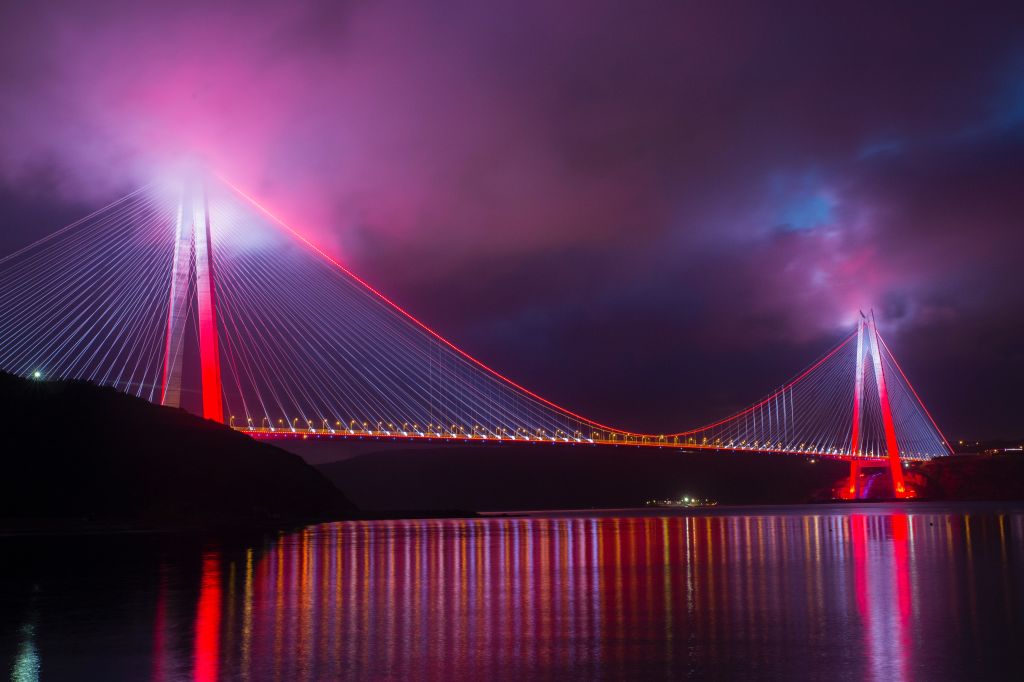 Мост Явуз Султан Селим, Подвесной Мост, Ночь, Фиолетовый, Стамбул, Турция, HD, 2K, 4K, 5K